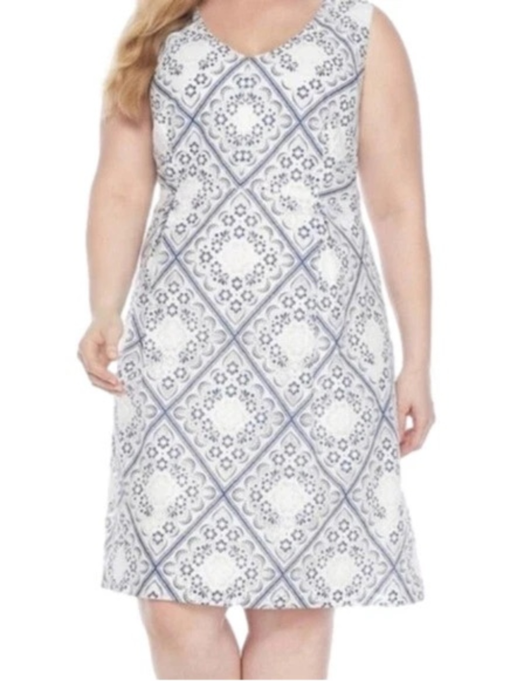 Sandra Darren Blue & White Lace Overlay Dress